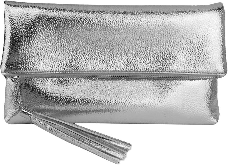 JNB Women's Cracked Metallic Fabric Foldover Clutch with Tassel - Image 1